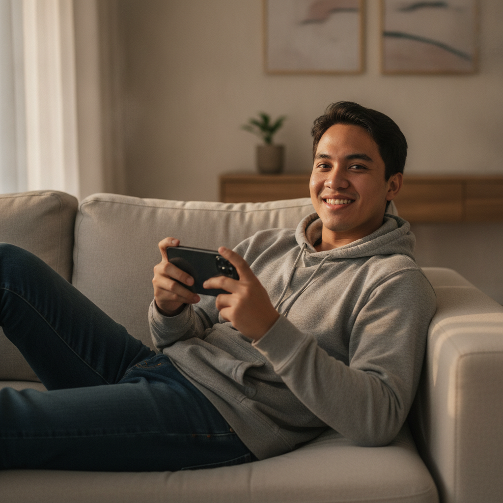 Filipino player using smartphone to access online casino at home